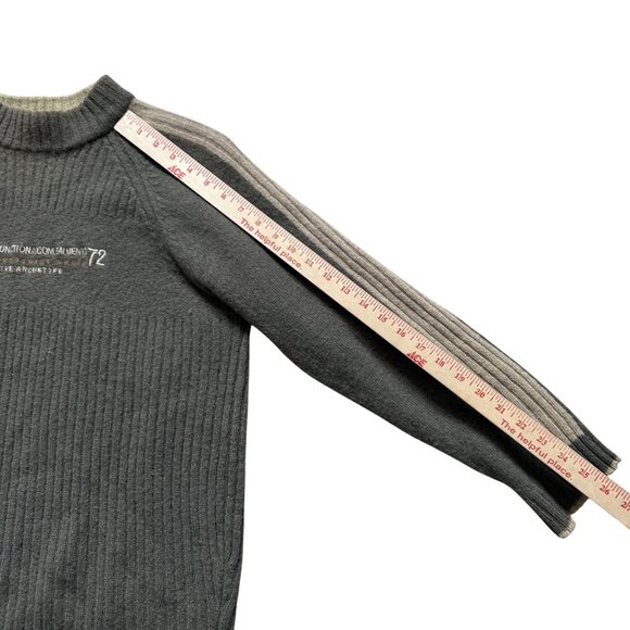 Vintage Jeanswest Wool Knit Sweater L Ribbed Gray Beige Striped Sleeves Crewneck - Picture 7 of 10